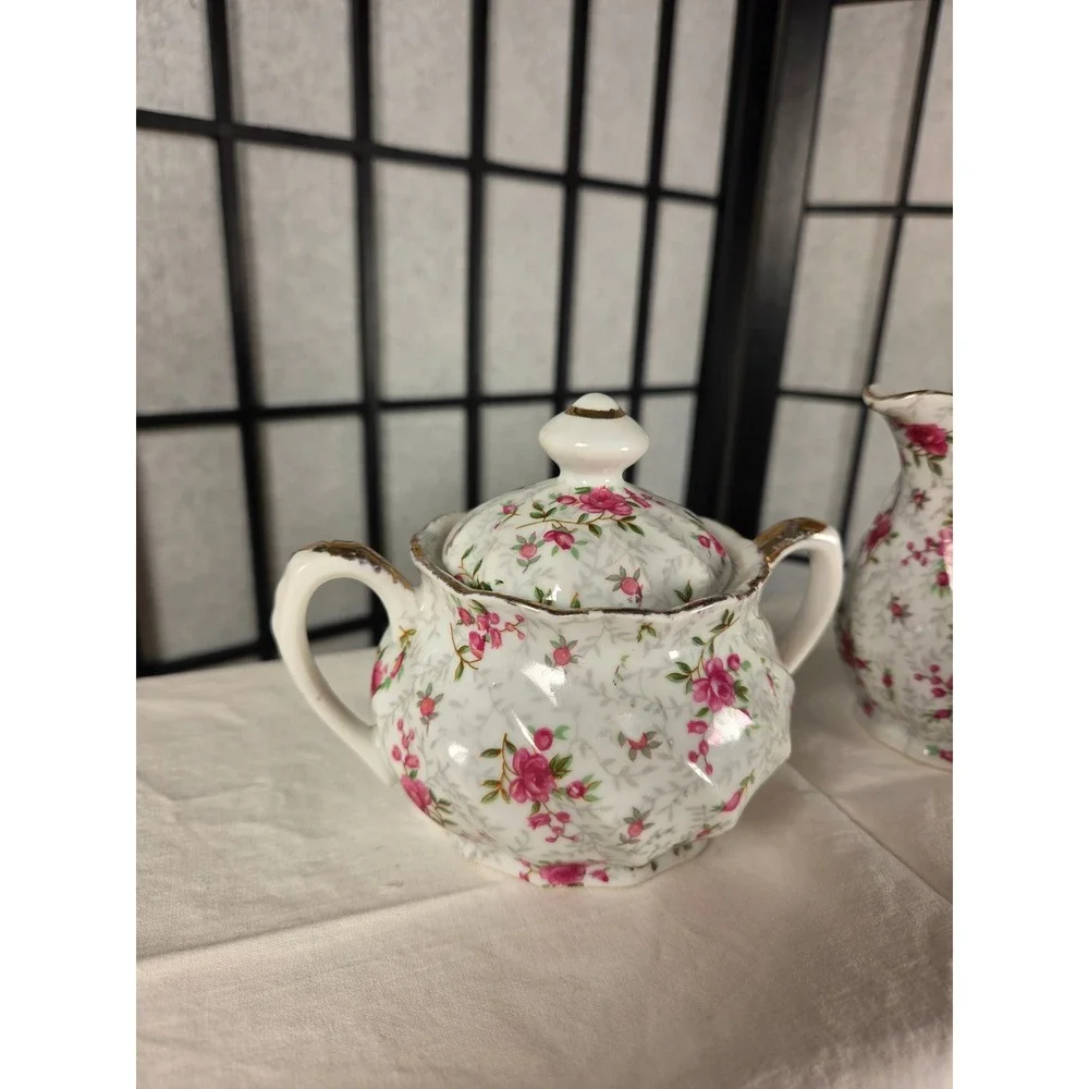 Vintage Porcelain Pink Rosebud Creamer and Lidded Sugar Bowl Set Gold Trim